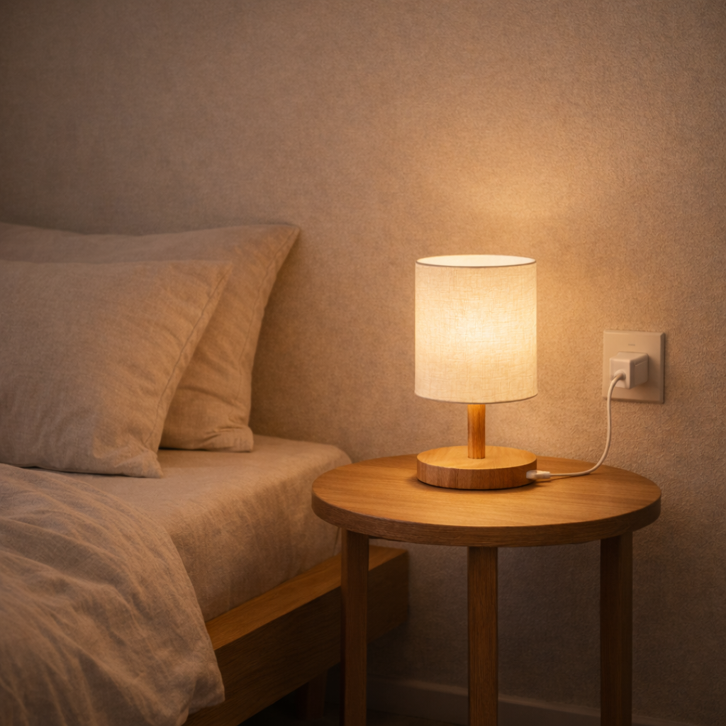 Abajur de Mesa LED com USB em Linho e Madeira | Ericeira