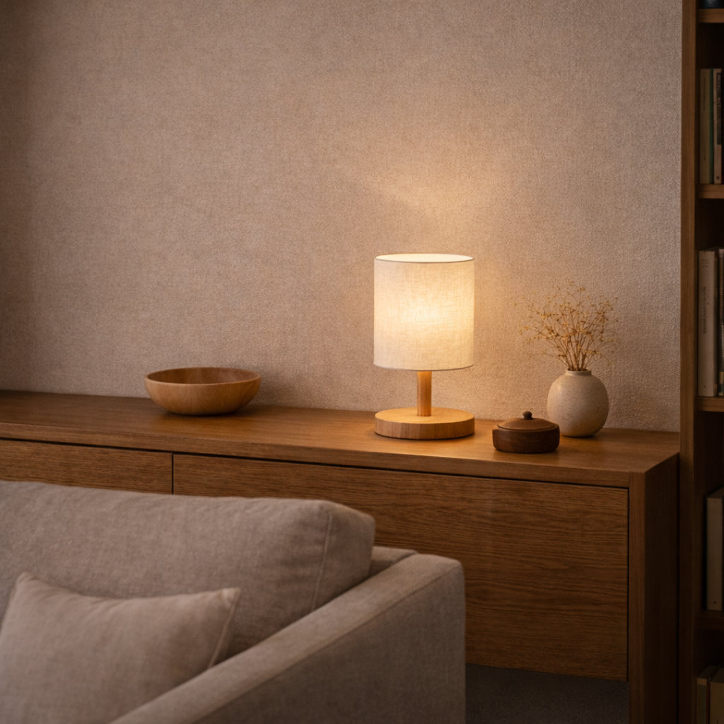 Abajur de Mesa LED com USB em Linho e Madeira | Ericeira
