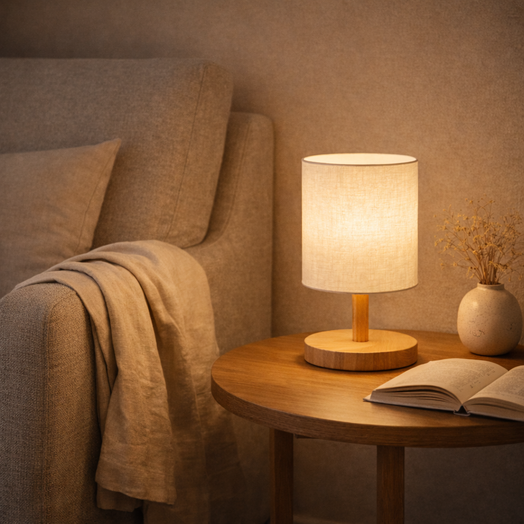 Abajur de Mesa LED com USB em Linho e Madeira | Ericeira
