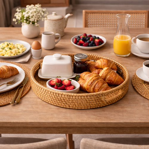 Bandeja Decorativa de Rattan para Café da Manhã e Organização 30cm | Bali