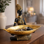 Escultura Decorativa de Mesa para Sala e Entrada com Bandeja Funcional Preta e Dourada | Zahara