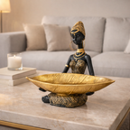Escultura Decorativa de Mesa para Sala e Entrada com Bandeja Funcional Preta e Dourada | Zahara
