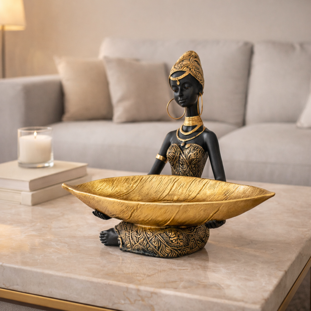 Escultura Decorativa de Mesa para Sala e Entrada com Bandeja Funcional Preta e Dourada | Zahara