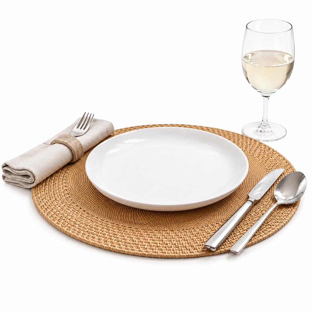 Jogo Americano Artesanal Redondo 38cm – Linho e Rattan | Zanor