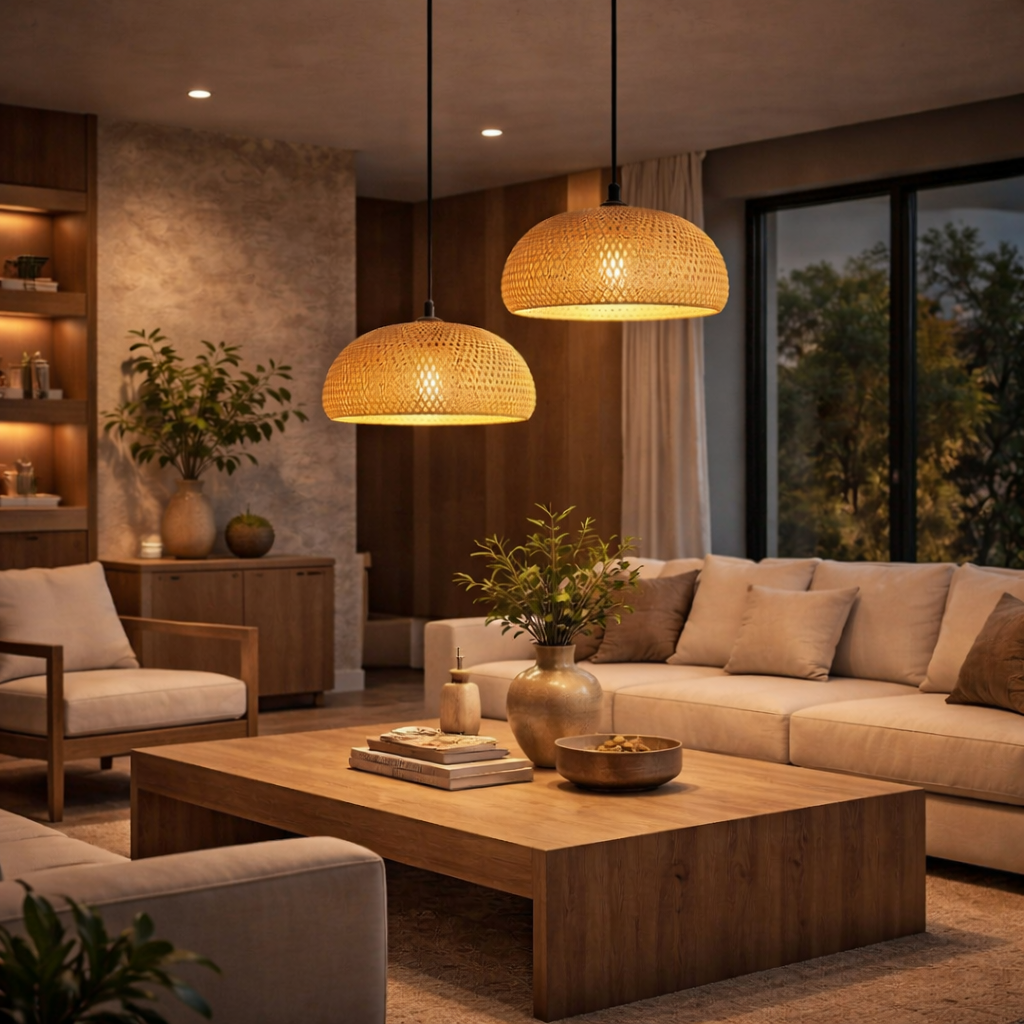 Luminária Pendente de Bambu Trançado para Sala de Jantar e Ambientes Sofisticados – Saint-Tropez