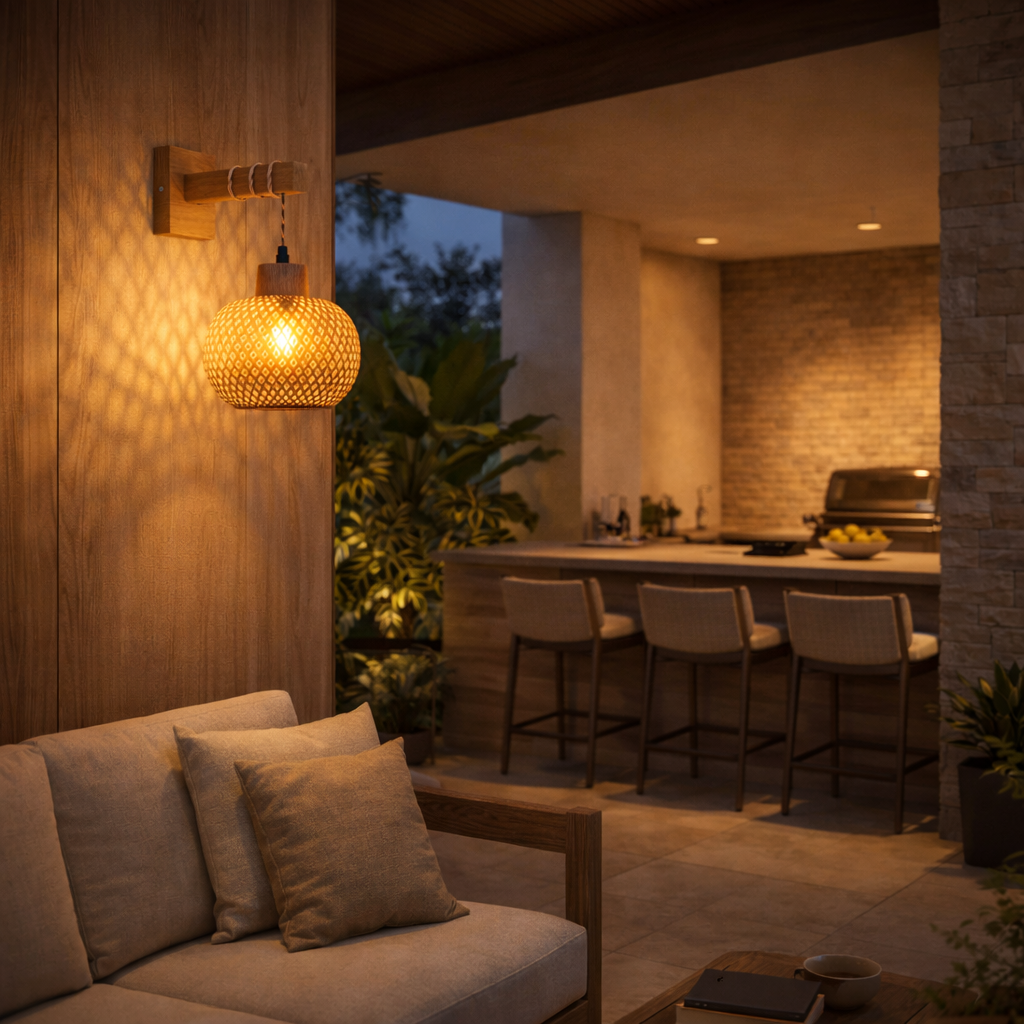 Luminária de Parede em Bambu com Braço de Madeira | Kamakura