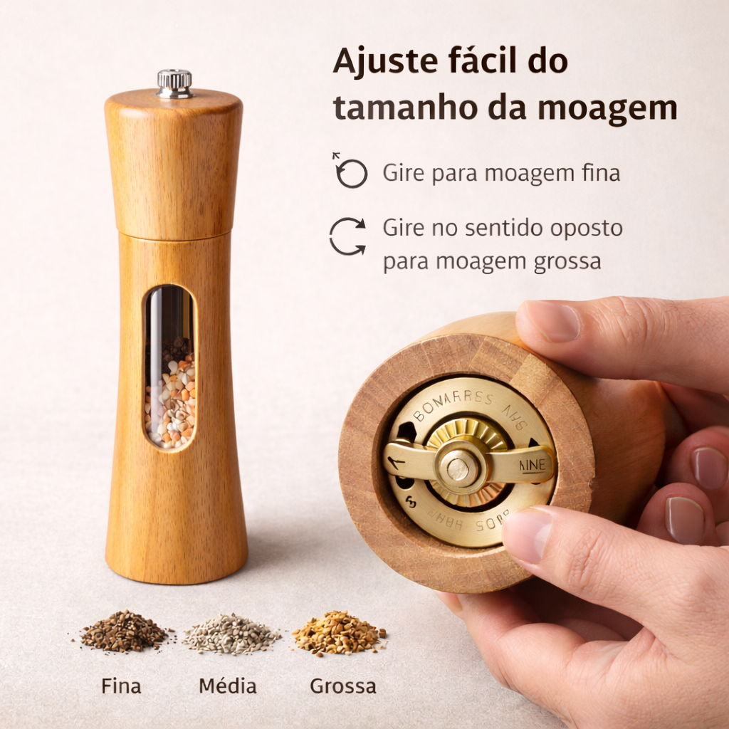 Moedor de Pimenta e Sal em Madeira para Cozinha com Ajuste de Moagem e Visor Transparente | Geneva