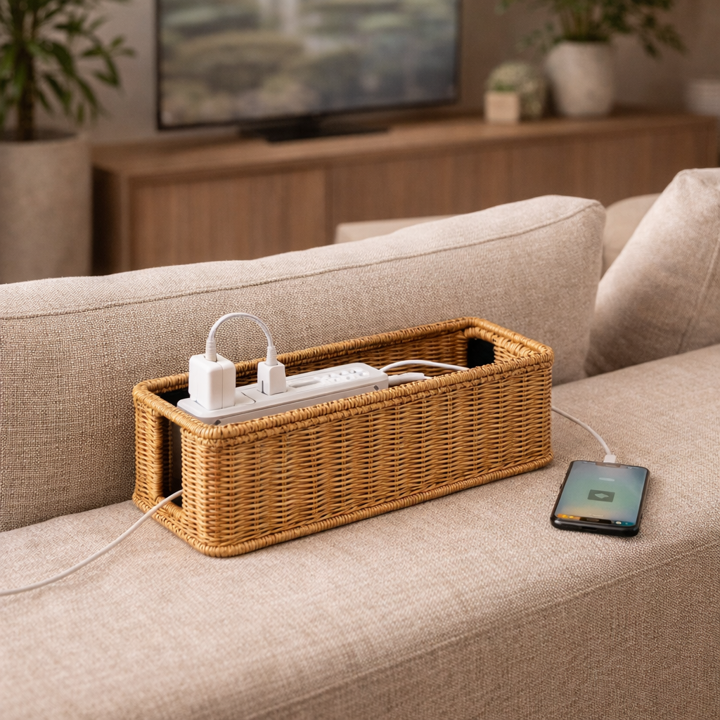 Organizador de Fios e Cabos em Rattan para Mesa e Escritório | Noosa