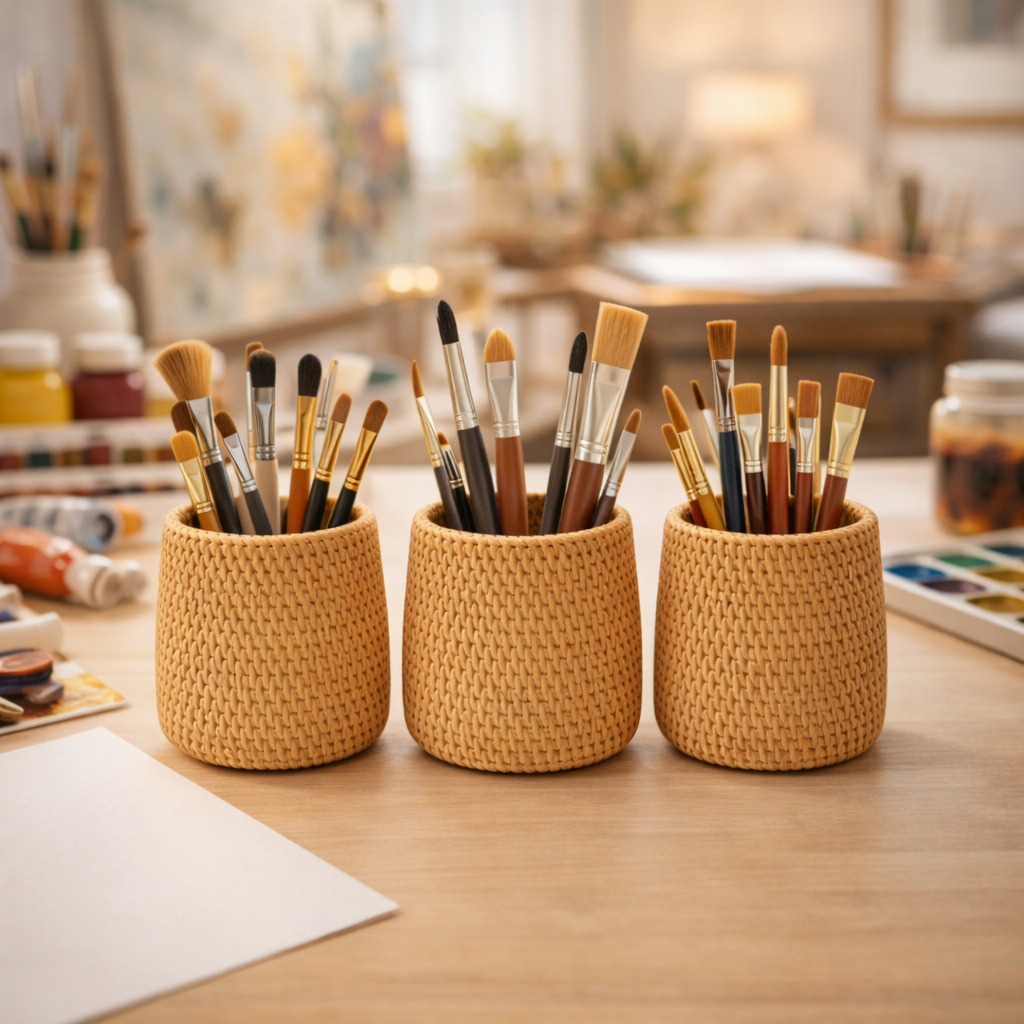 Organizador de Mesa em Rattan Kit 4 Porta Lápis, Objetos | Lecce 2