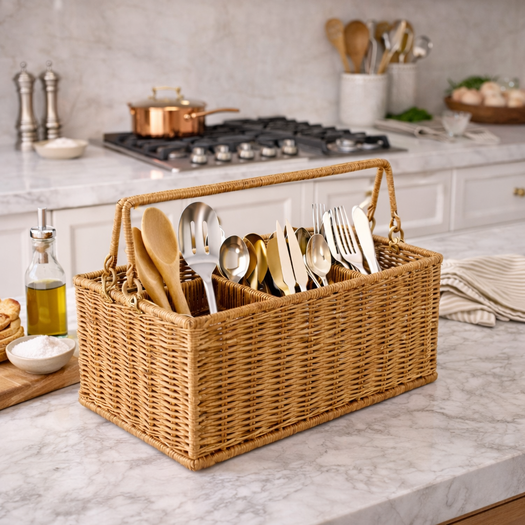 Porta Talheres de Mesa com Divisórias para Cozinha Estilo Rattan | Firenze