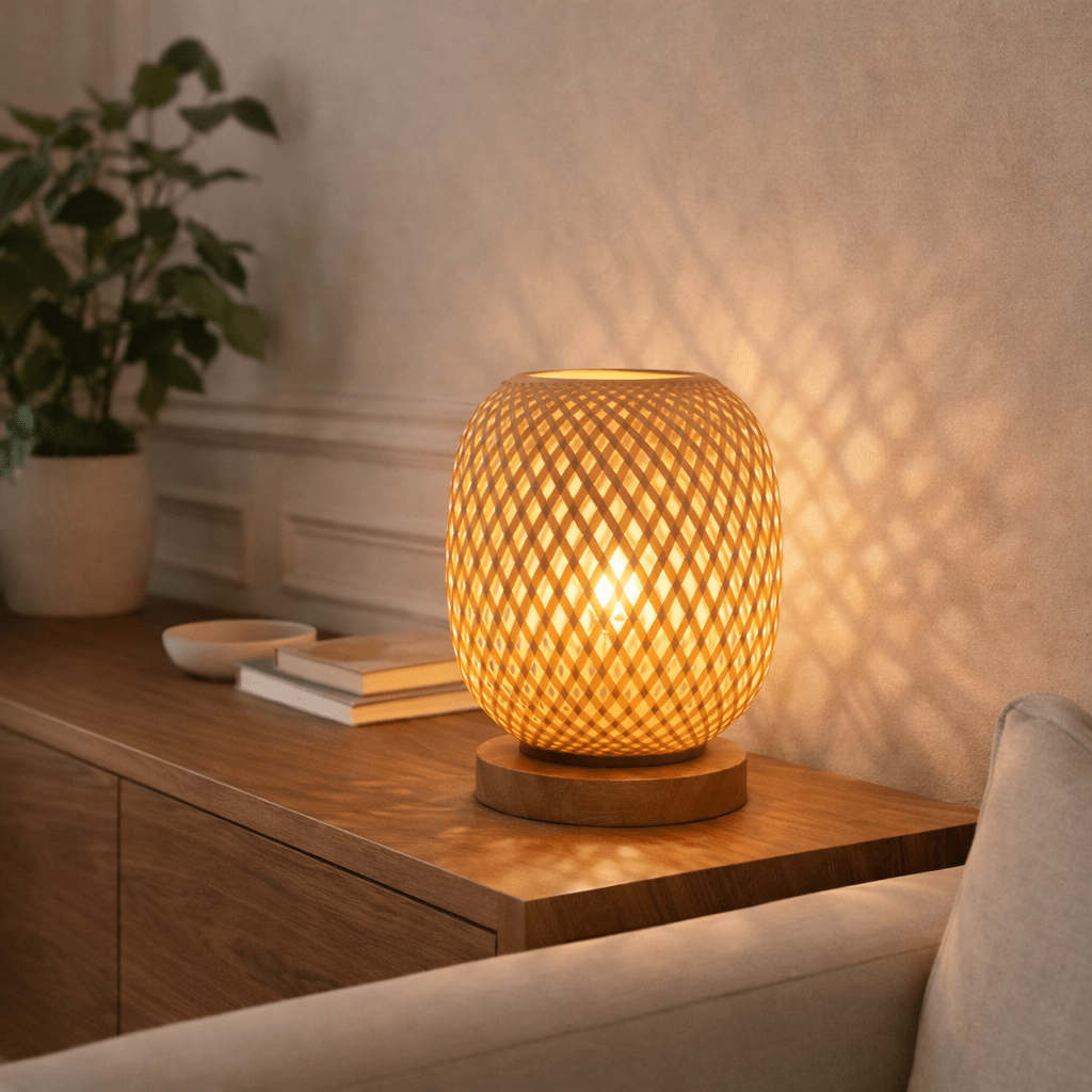 Abajur de Mesa em Bambu Trançado para Quarto e Sala