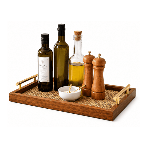Bandeja Decorativa de Madeira Maciça com Alça Dourada
