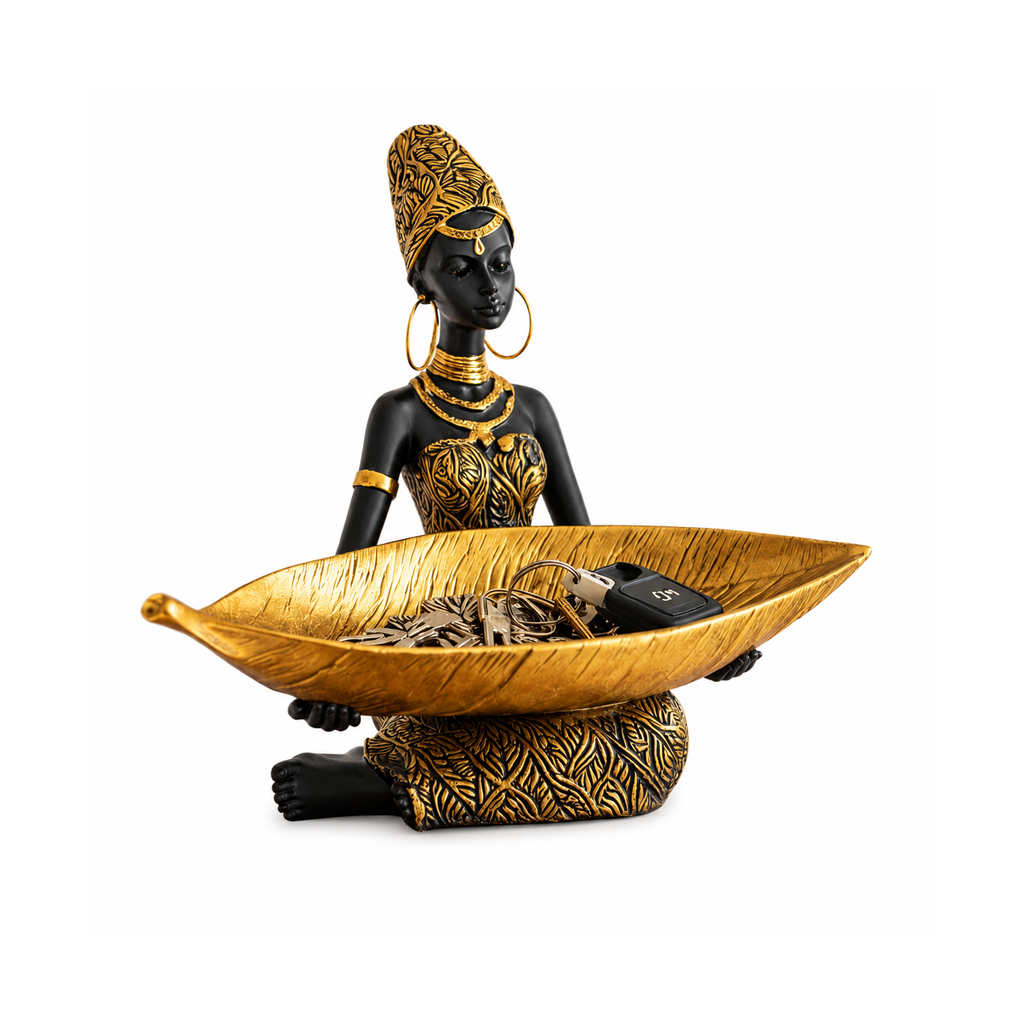 Escultura Decorativa de Mesa para Sala e Entrada com Bandeja Funcional Preta e Dourada