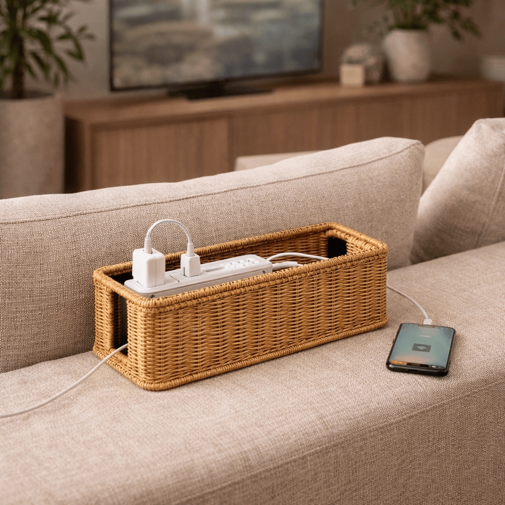 Organizador de Fios e Cabos em Rattan com Tampa