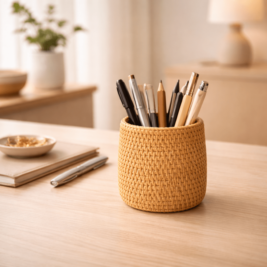 Organizador de Mesa em Rattan Kit 4 Peças Porta Objetos