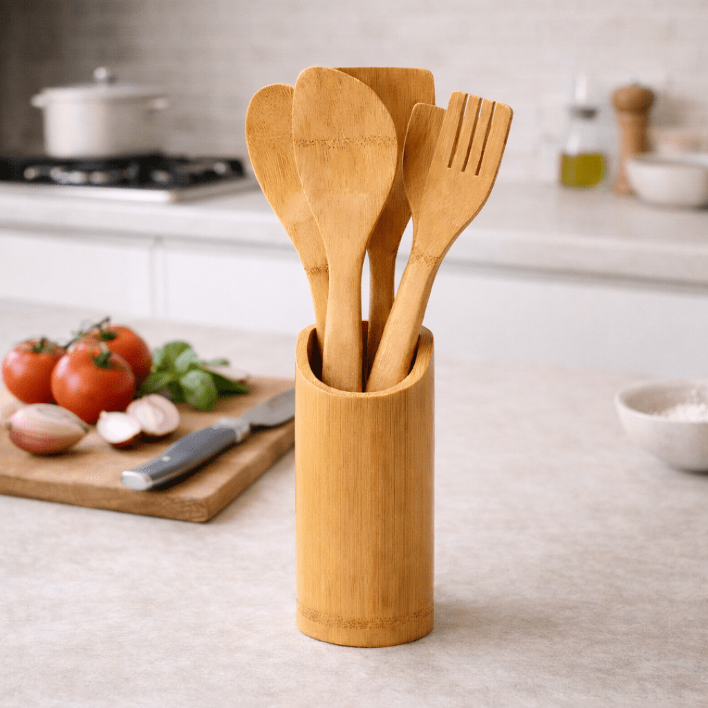 Utensílios de Cozinha em Bambu com Suporte 4 Peças