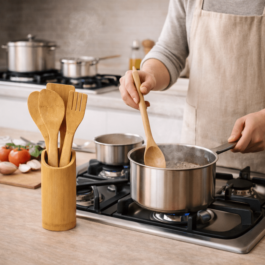 Utensílios de Cozinha em Bambu com Suporte 4 Peças