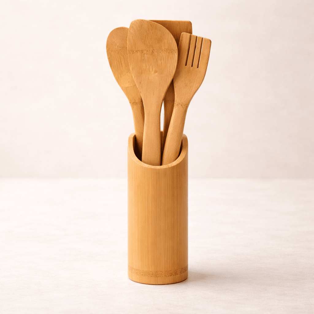 Utensílios de Cozinha em Bambu com Suporte 4 Peças