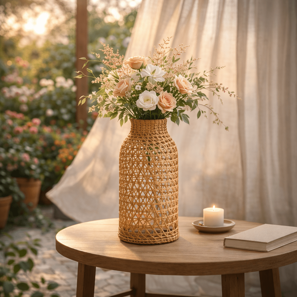 Vaso Decorativo de Vidro com Fibra Natural Estilo Japonês